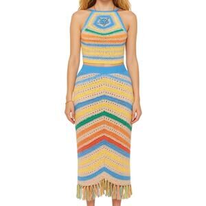 Mother Candy Stripe Cinch Tank Halter Top Fringe Midi Skirt Set size S NEW Tags